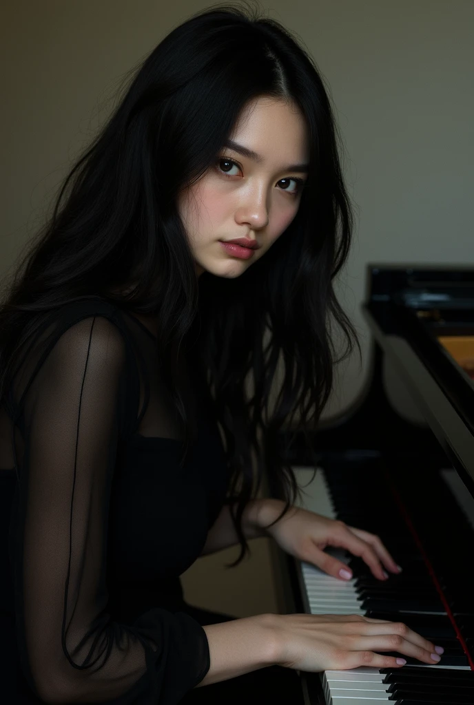 Create a white girl with long black hair.
playing piano.
HEAD ON.
Em close UP.