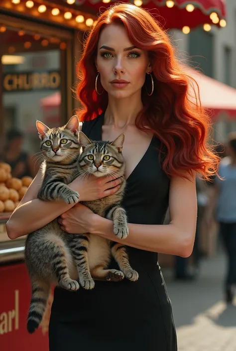 a mature woman, Measuring 1.50cm around 50 years old, with a body in peak health, 
Long red chanel hair, nose fine, green eyes, holding two cats. Perfectly straight and white teeth,  Beautiful body, 
In the background a churros cart. She has traits of an a...