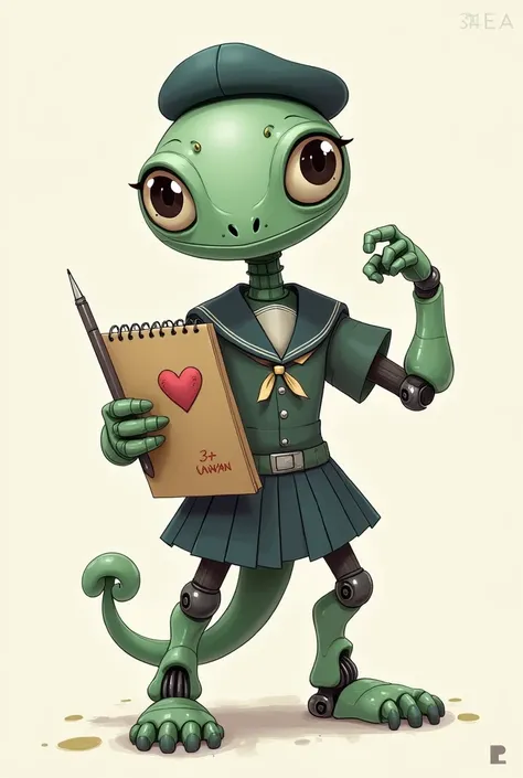 Robot Chameleon Wears a Beret、The tip of the tail is brush-shaped、whole body、Have a sketchbook、Sailor suit、barefoot、mechanical、Scalpel、heart、woman、Tow heads High、biceps、cute、mascot、skirt