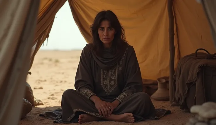 A dark-skinned Arab woman, not pretty, sad, brown hair, brown kohl-lined eyes, sharp face and features, wearing a simple embroidered robe, sitting inside a tent in the desert, barefoot