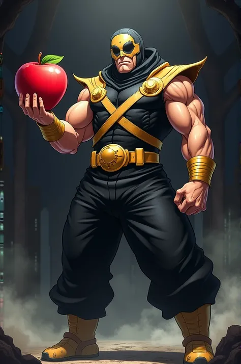 Create an anime-style character of a muscular superhero, with a mask that covers half of his face, leaving your nose and teeth exposed. He is holding a large spiked apple. His outfit is black with gold details., composed of wide golden belts on the chest, ...