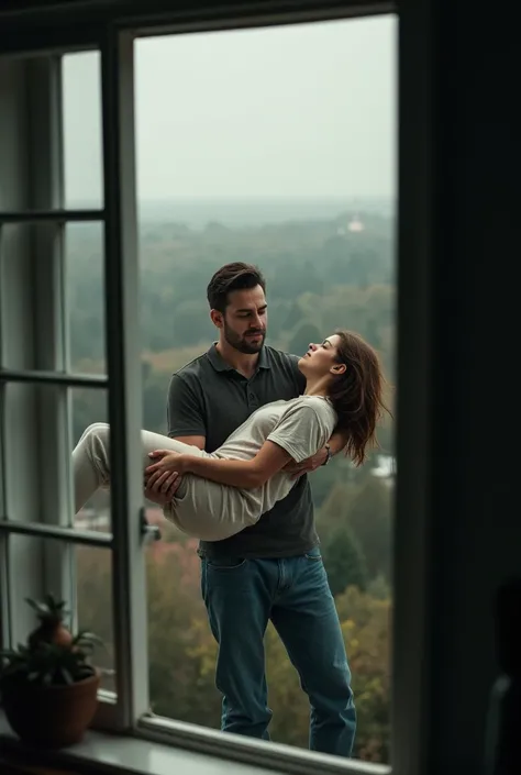 Pov: from a study room window a view of a guy carrying an unconscious girl in his arms.
The study is in the second floor or the house.