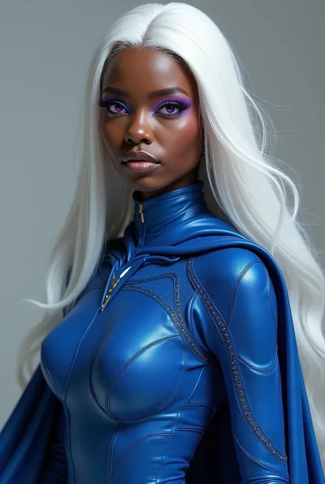 Beautiful black girl with straight white hair and purple eyes in a realistic blue superhero short costume