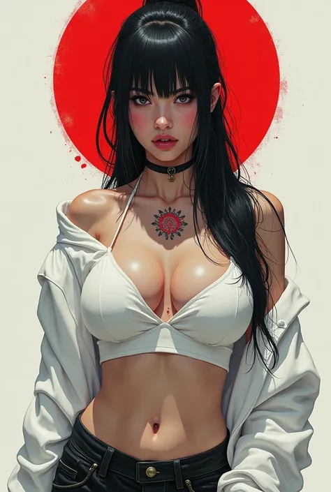 a girl , long hair cocke, black hair, white semi-open sweatshirt , modern style clothing , big breasts , leaking breast , tattoo on relative&#39;s body , serious posture , Posture of strength, cyberpunk samurai culture, solid color background .