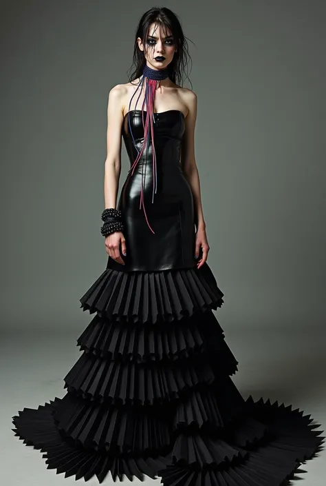 make a strapless black latex DRESS glued to the body, a choker with colorful energy wires hanging from it, a very voluminous train made of graffiti accordion paper, black makeup smeared and running down the face and loose wet hair combed back