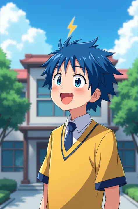 Blue hair male kid(14 years) whit a school japanese yellow uniform and a happy face looking at a school with a lightning icon at the top.