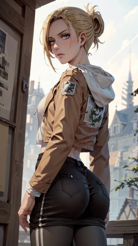 masterpiece, best quality, ultra-detailed, annie_leonhardt, 1girl, milf, mature face, thick, solo, long sleeves, jacket, open clothes, hood, open jacket, hoodie, hood down, brown jacket, white hoodie, paradis military uniform, forest background, volumetric...