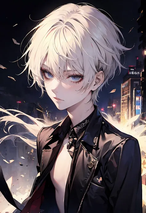 One male character, adult male, bishonen, handsome, goth, pale skin, black hair, goth punk black clothes, jewlery with crosses and goth themes, mysterious vibe, soft smile, graceful pose, elegant, urban background, messy hair, fixing his hair with a hand, ...