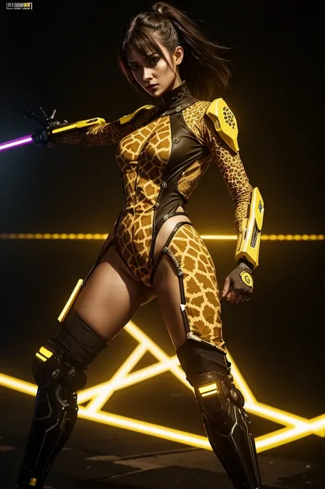 a (giraffe pattern outfit) yellow and black outfit,sword,beautiful cyberpunk woman,cyberpunk angry gorgeous goddess,beautiful cyborg girl ,hyper realistic,intricate details,cinematic lighting,vibrant colors,award winning,stunning,masterpiece