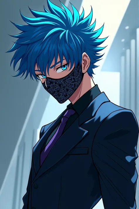 An anime character with blue spiky hair wearing a long suit and an anime style mask