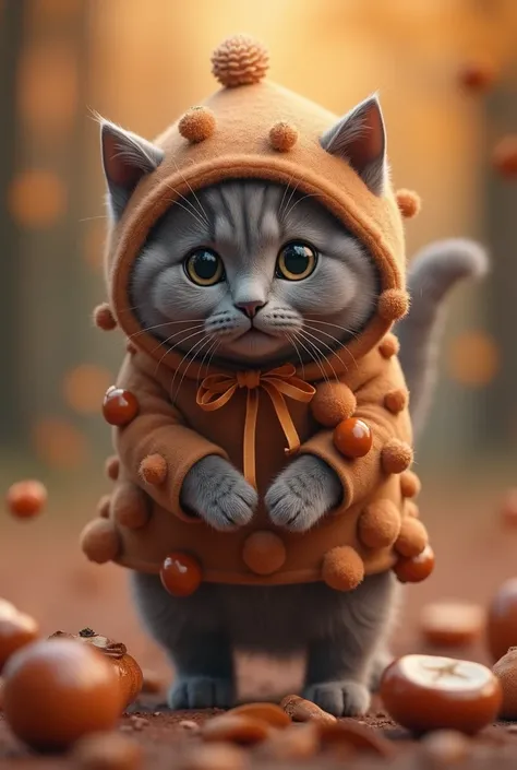 kitten　　He&#39;s wearing  chestnut costume　Bipedal　Realistic gray fur cat　A cute girl. There are lots of chestnut around her. The cat is cosplaying as a chestnut. She has a ribbon on her head.
There are lots of chestnuts around.. He is wearing a chestnut c...