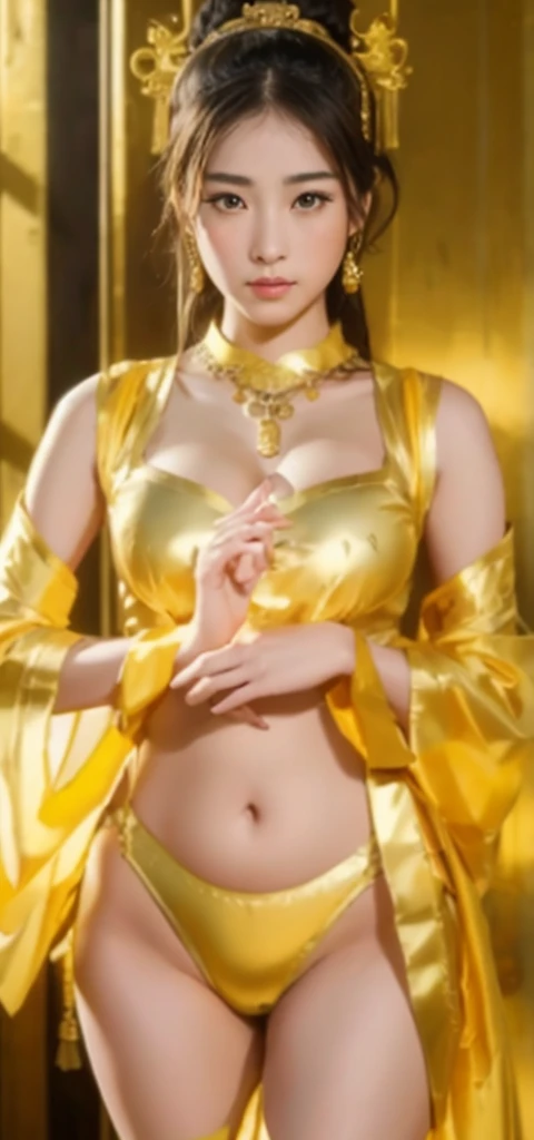 Best Quality,masterpiece,Ultra-high resolution,(Realistic:1.4),Japanese Idols，Anime Girls,shoulder,charm,Looking into the camera,wuxia ,金のマイクロビキニにIt is decorated with gold、（Cleavage exposure、Expose your upper arms、belly button出し、Exposed thighs）（Dark brown ...