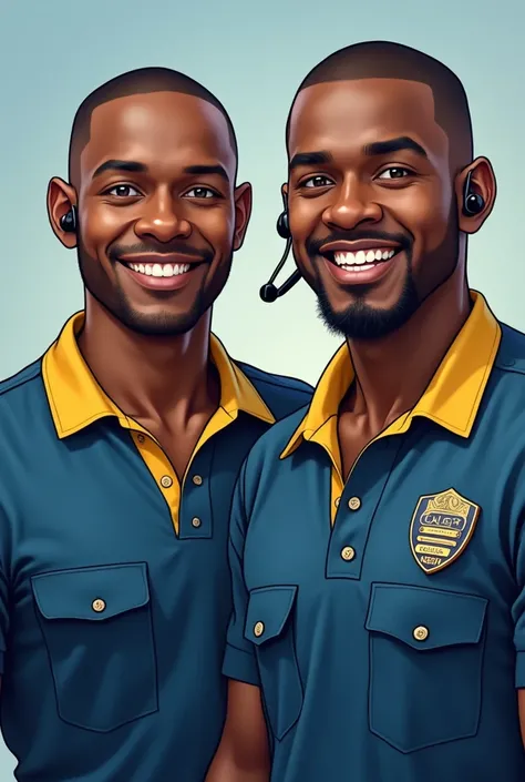 2 man, short almost shaved hair, ears a little out, short goatee, full mouth with smile, brown skin, wearing a uniform with PDM written on it, blue with a yellow polo collar,
In-ear radio headset, with badge with several BUTTONS 


