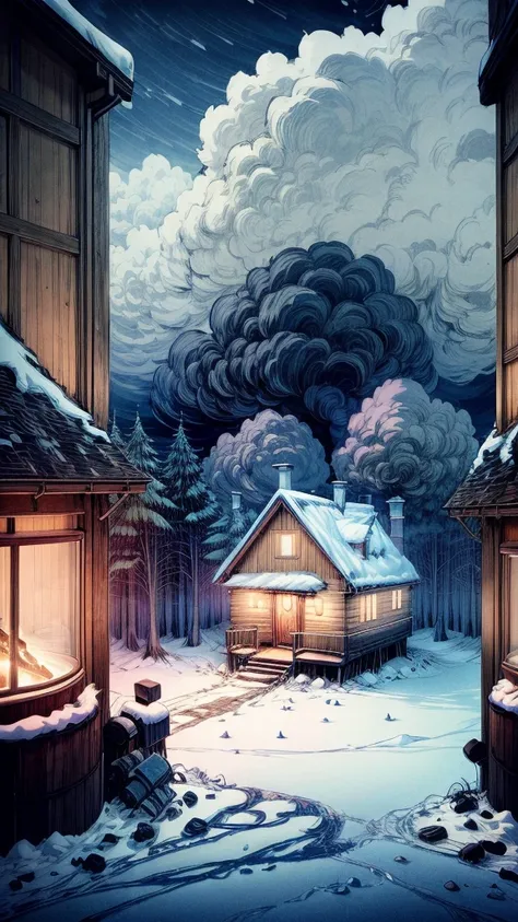 an anime-style cozy cabin in a snowy forest, smoke rising from the chimney and soft light glowing from the windows, snow gently ...