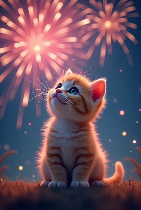 Kitten looking up at fireworks