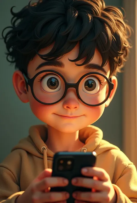 a close up of a cartoon character with glasses on a phone Hyperrealism unfolds in the delicate strokes of Alphonse Mucha, intricately detailed and softly lit, an 8K masterpiece a boy not a 3D