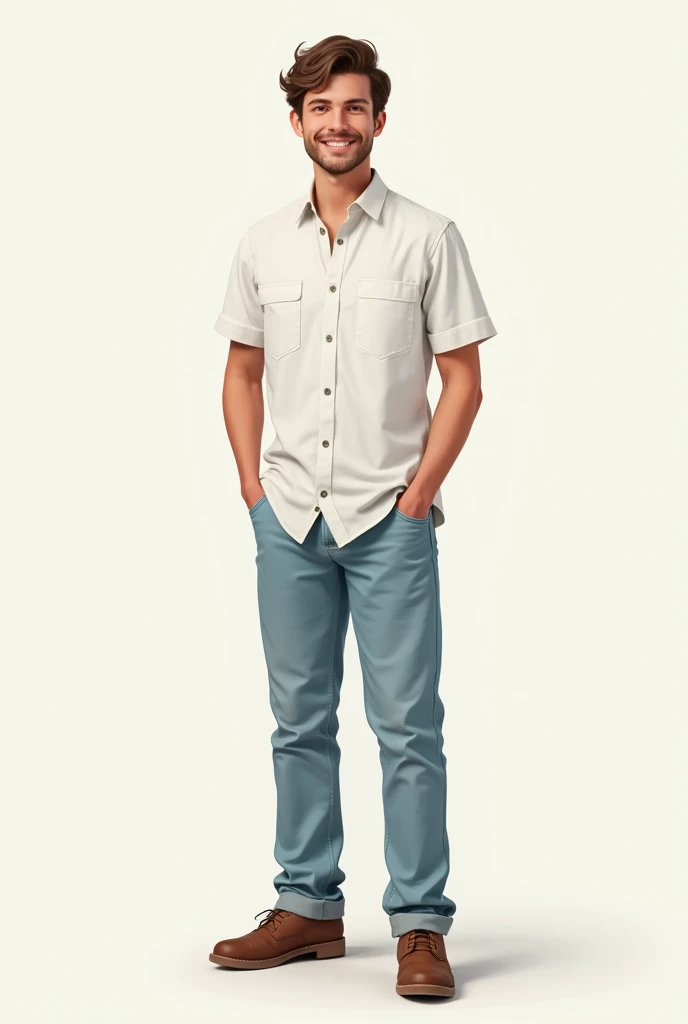 Young man of about  wearing a white shirt, light blue pants, brown shoes, sociable. Not very realistic