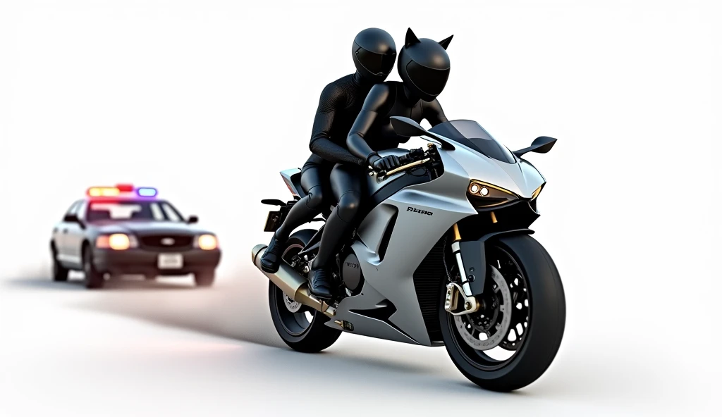 A man in a black motorcycle helmet without ears carries a girl in a black tight jumpsuit in a black motorcycle helmet with cat ears behind him they are riding a silver sports motorcycle on a white background, couple on motorcycle motocouple motorcycle stan...