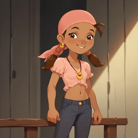 1girl, dark skin, brown hair, brown eyes, twintails, bandana, earring, visible belly button, short stature