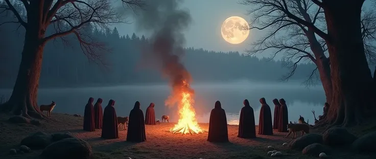 Covern gathering  on Samhain around a bonfire with a full moon beside a lake surrounded by woodland animals. Hyperealistic and ethereal