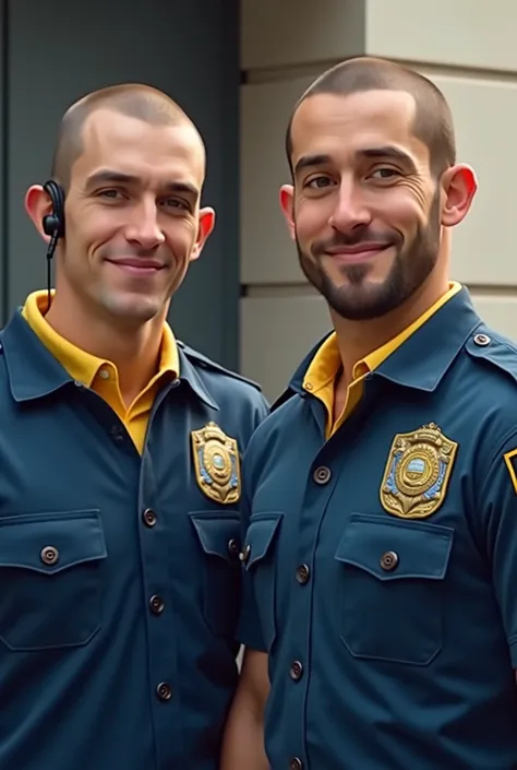 2 man, short almost shaved hair, ears a little out, short goatee, full mouth with smile, light skin, wearing a uniform with PDM written on it, blue with a yellow polo collar,
In-ear radio headset, with badge, He has a goatee with hair only on his chin


