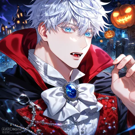 absurdres, highres, ultra detailed, HDR, master piece, best quality, detailed eyes, delicated features, Manhwa Style, Gojou Satoru, white hair, expressive blue eyes, white eyelashes, Jujutsu Kaisen, solo, sexy man, handsome, bishounen, adult face, vampire,...