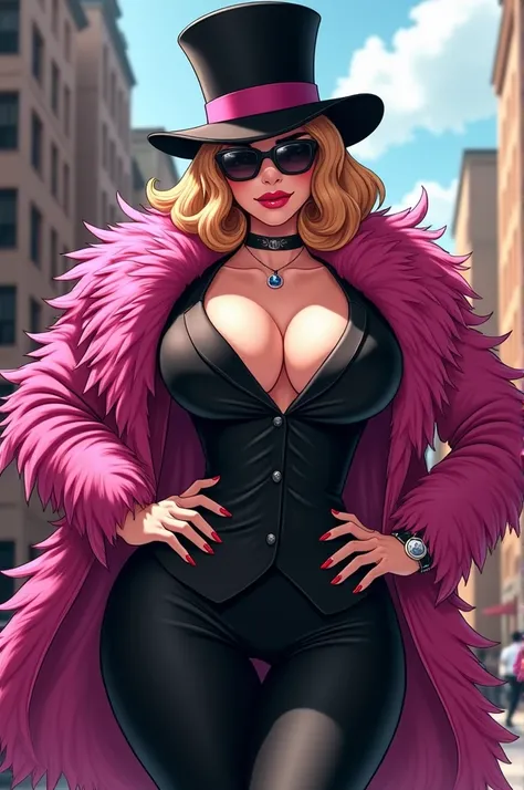 A woman in a black suit, pink feathered coat, top hat, sunglasses, busty and anime style 