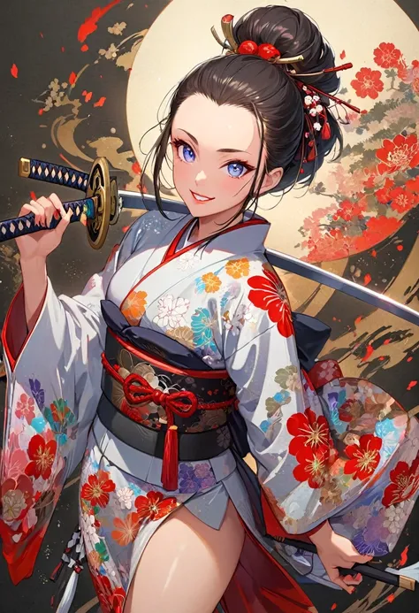 Skin details, Beautiful facial features, Exquisite makeup, Exquisiteeyes,lip,big smile,((forehead)),detailed,A modern touch painting. A full body drawing of a beautiful anime-style female samurai. She is wearing a traditional Japanese kimono. She is wearin...