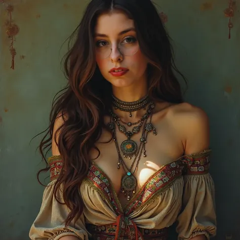 A meticulously detailed, hyper-realistic oil painting featuring a captivating boho woman with striking green eyes and long, wavy brunette hair. Her fair complexion is delicately adorned with freckles, and her contemplative expression captures a moment of d...