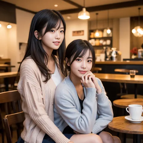 "Create an image of a young Japanese woman in her early twenties, seated in a cozy, softly lit café. She is leaning slightly forward, whispering into the ear of a close friend with a playful and secretive expression. Her attire is casual yet stylish, with ...