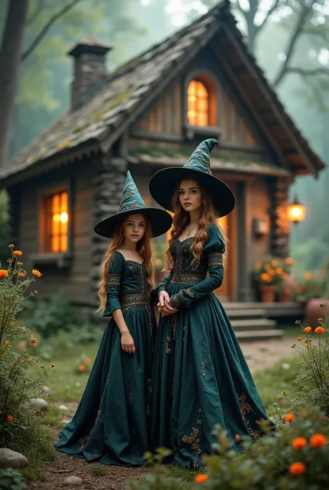 girl, mother and daughter, beautiful little witches, standing outside cabin in woods, detailed facial features, beautiful intricate witch costumes, magic sparkles, warm lighting, vibrant colors, fantasy forest background, highly detailed, 8k, photorealisti...