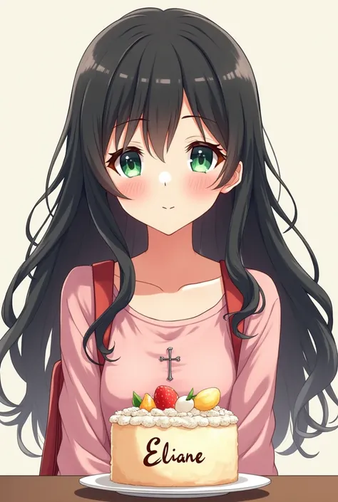 Anime Cute Woman Green Eyes Long Black Wavy Hair Wearing Small Crucifix Pink Top Backpack On Back, She has a cake with the name Eliane 