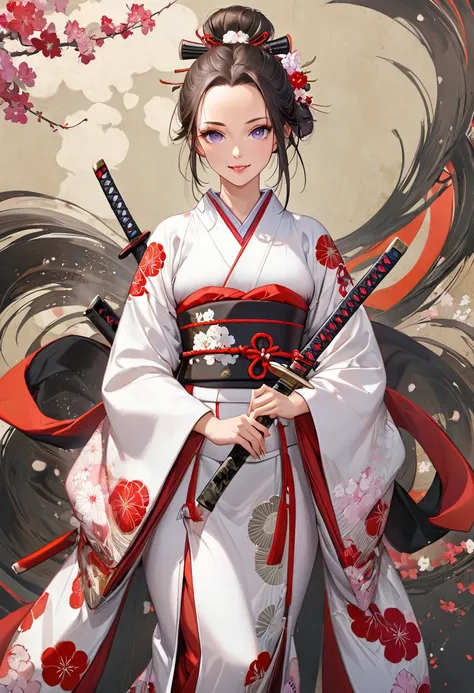 Skin details, Beautiful facial features, Exquisite makeup, Exquisiteeyes,lip,big smile,((forehead)),detailed,A modern touch painting. A full body drawing of a beautiful anime-style female samurai. She is wearing a traditional Japanese kimono. She is wearin...