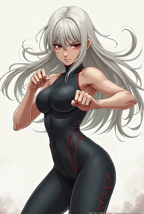 Draw a woman with long hair, pale, sad</input></xml>, red eyes, in fighting suit, fighting stance, anime style, simple without much detail