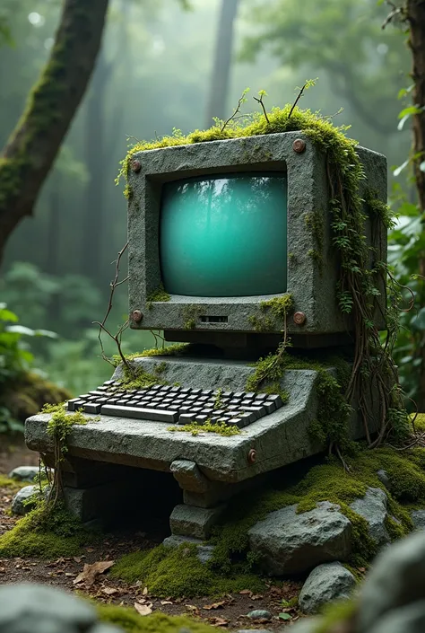 a vintage CRT computer made of solid rock, with some vines and foliage on it