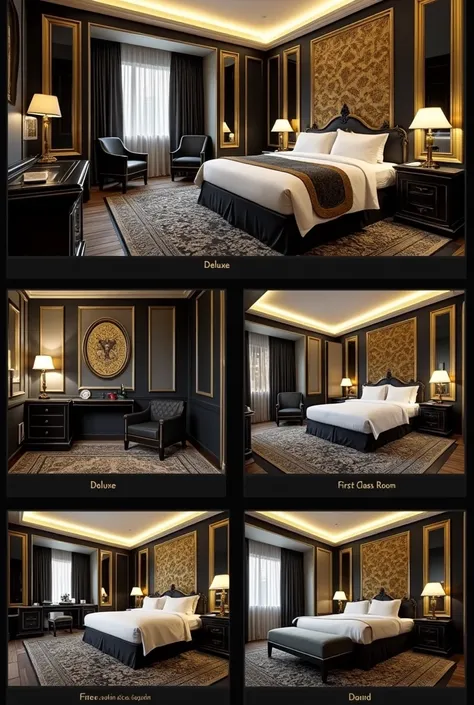 can you show me some rooms in hotel that has a hint of black and gold. A de luxe room, first class room, standard room, and economy room. 4 pictures of befroom only