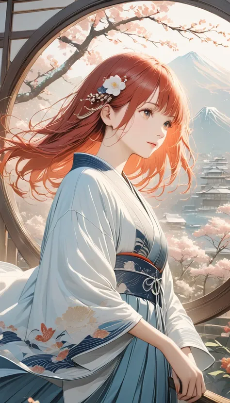 a beautiful detailed girl, young woman with long red hair, soft gentle expression, wearing a pale blue hakama and white haori, large navy blue outer robe, delicate facial features, large warm eyes, serene, tranquil, peaceful, elegant, graceful, calming, se...