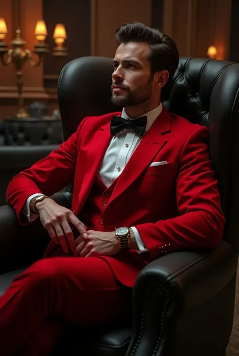 A guy sitting a VIP chair red dress 
