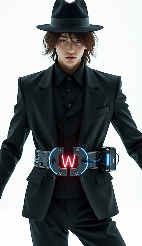 live-action、Real、A beautiful slender Japanese man wearing a black three-piece suit、Futuristic design belt、The belt is wide and the wiring containing the sensors and devices shines blue.、The buckle has two slots for inserting flash memory.、W-shaped buckle、T...