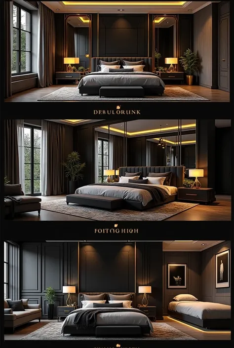 can you show me some rooms in hotel that has a hint of black and gold. A de luxe room, first class room, standard room, and economy room. 4 pictures of bedroom only