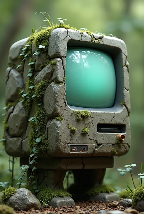 a vintage CRT computer made of solid rock, with some vines and foliage on it, now make it an object show character 