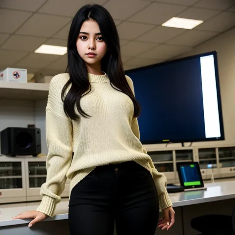 1girl, beautiful detailed, beautiful face, wide hips Guanajuato emo teen, slim, medium black hair, black hair over one eye, long sleeve sweater tucked in tight pants, pearshaped wide hips, full body photo close up, in a dark science laboratory,