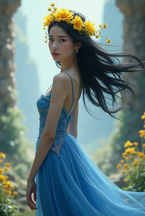 A queen in a blue dress and slim and black hair with a crown made of yellow flowers (Elegant dress)