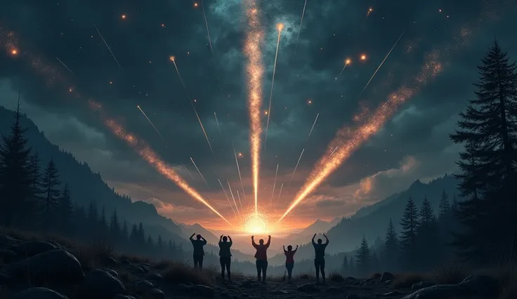 A dark, apocalyptic night sky filled with chaos as stars violently fall from the heavens. Bright streaks of light cut through the darkness, leaving fiery trails behind them, illuminating the otherwise pitch-black atmosphere. The stars descend like meteors,...