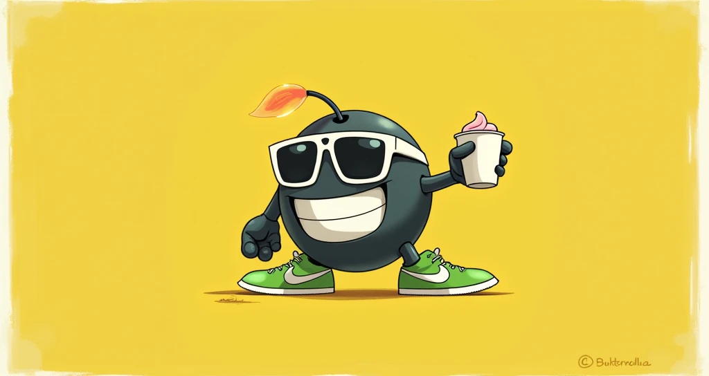 Bob-omb very circular, With the fuse lit in the head, with dark white sunglasses, with green Nike tennis shoes, Drinking a slush cocktail in a white polystyrene cup, with the name of the establishment called WEEKEND cocktails, graffiti background