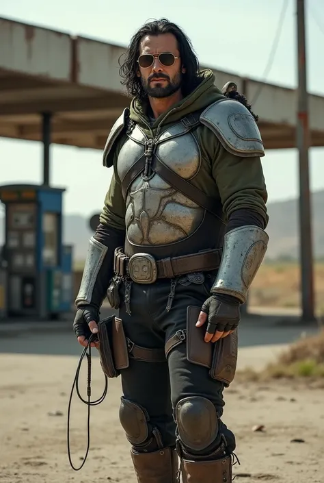 At an abandoned gas station, a white man appears, strong, weighing 85kg, long, shoulder-length, wavy black hair, no beard, sunglasses, with improvised armor made of metal shrapnel, under the armor a military green jacket, black military pants and brown boo...