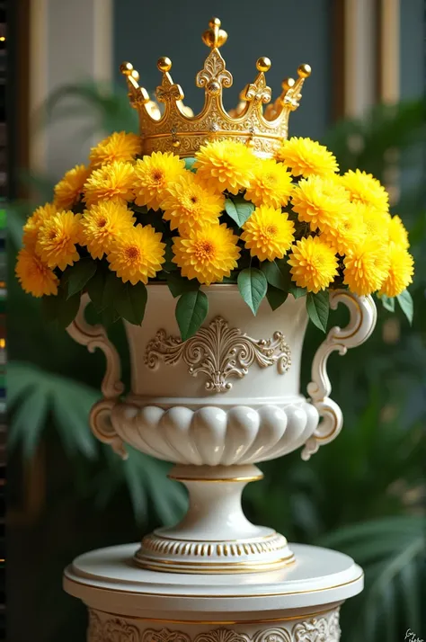 A flowerpot that looks like a queen&#39;s crown with lots of yellow flowers