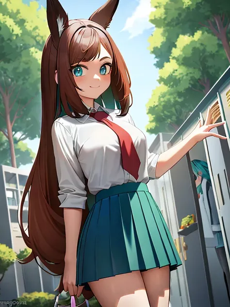 (Girl with brown hair with turquoise tips) (short fox ears) (turquoise blue eyes) (long hair to the legs) (look: happy) (locker room: U schoolgirl uniform.A) (Light grey blouse, Red tie, Dark green skirt) (big breasts) School uniform, shackles, green skirt...