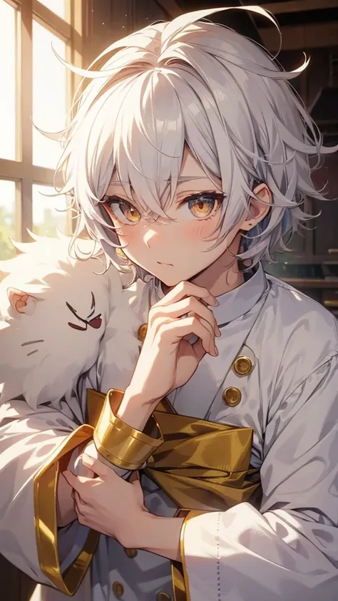 Cute anime boy, flushes cheeks, short fluffy white hair, big golden eyes, button nose