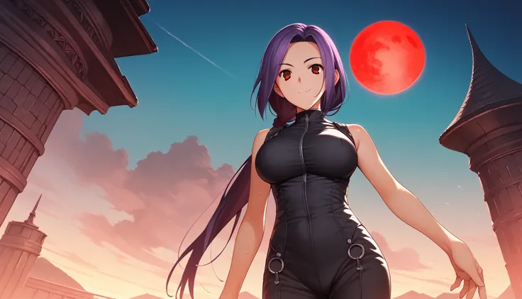 Score_9, Score_8_up, Score_7_up, One girl,smile, Hirokazu Koyama ,Cowboy Shot,Sweaty,sexy,Pixel Perfect,Large Breasts,Anatomically correct, masterpiece, Very detailed,Outdoor,8k, (background,big red moon,Detailed),(Fits your body,Black rider suit,Sleeveles...